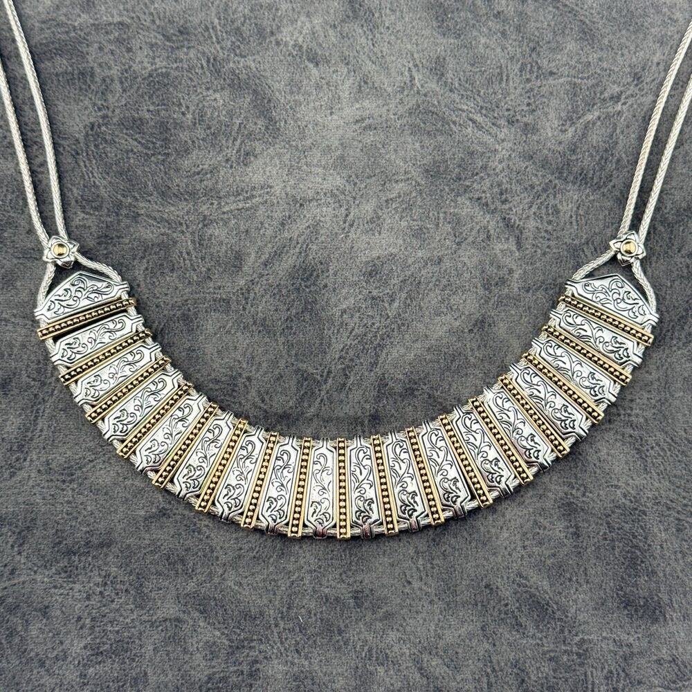 Vintage Monet Silver-Gold-Tone Etruscan Style Bib Collar Necklace Boho Tribal - Picture 11 of 14